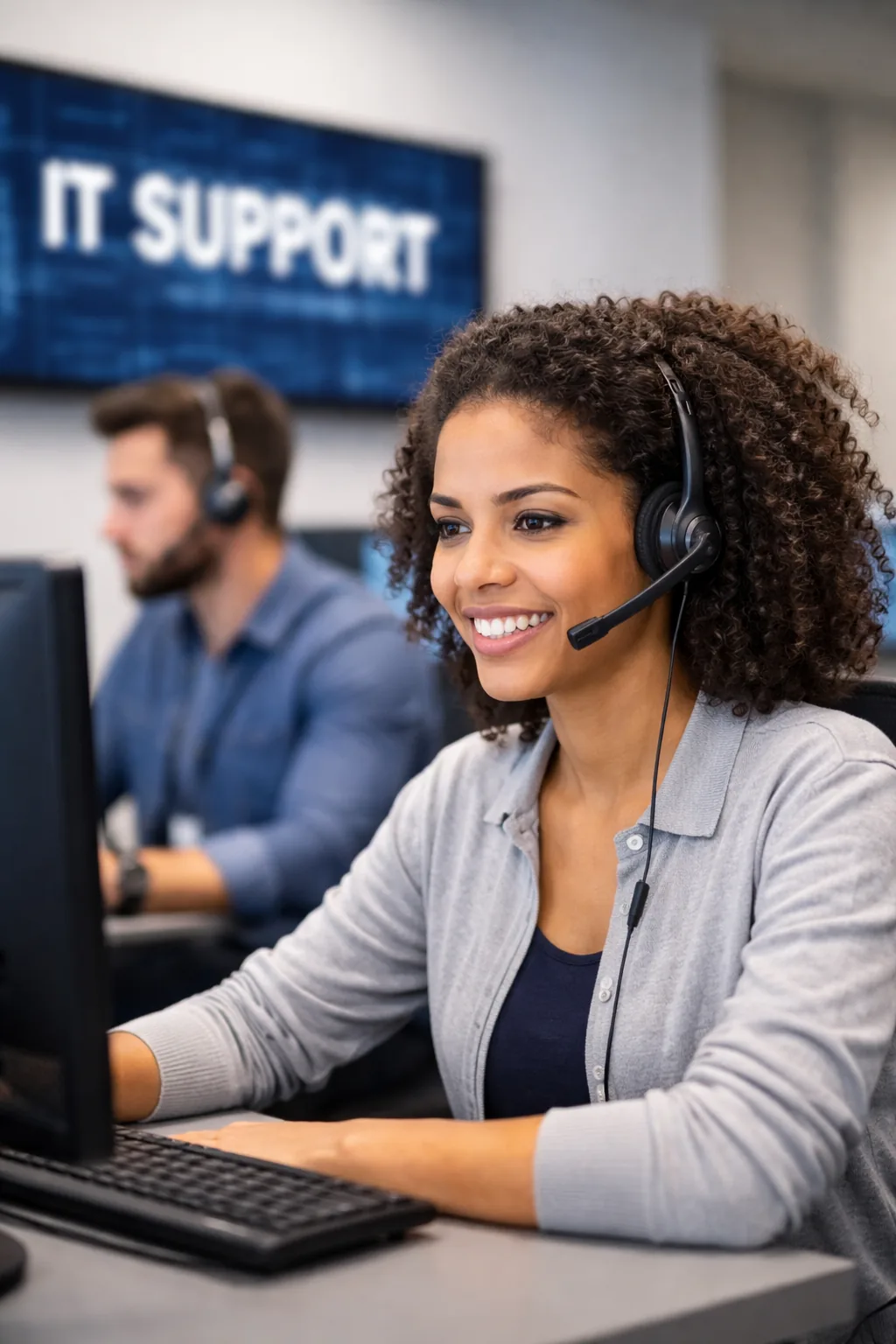 IT support specialist handling user requests at a help desk station