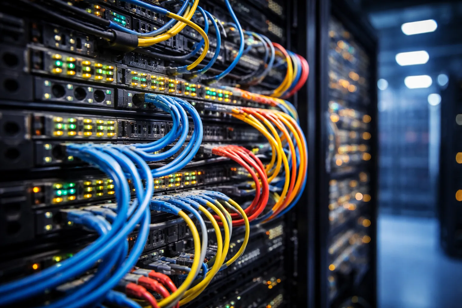 Close-up of network cabling and servers in a data center rack
